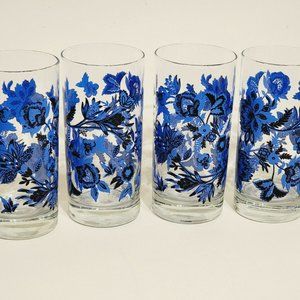(4) Lot Royal Norfolk Royal Blue Navy Blue White Floral Tall Drinking Glasses